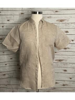 Porter & Ash beige 100% linen coastal short sleeve button-down shirt Medium
